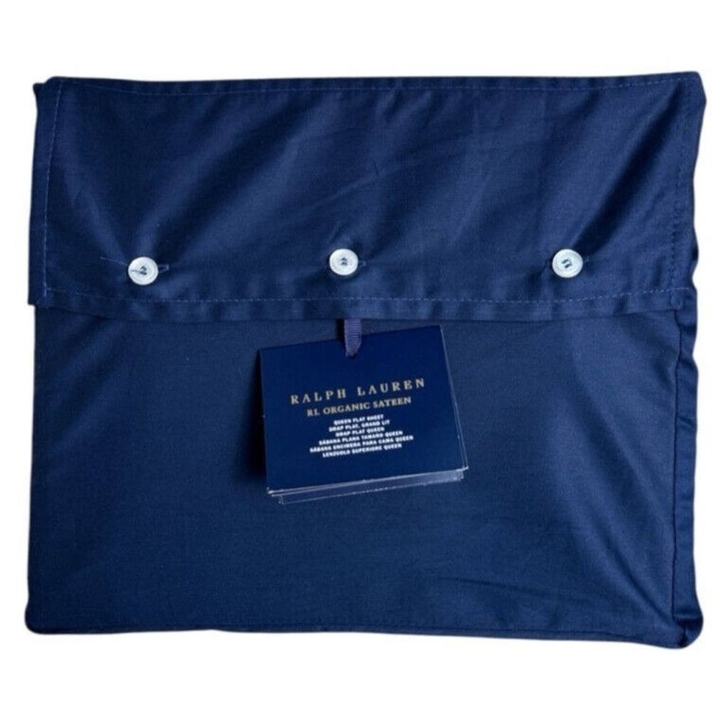 Ralph Lauren Queen Flat Sheet Organic Cotton Sateen Polo Navy Blue NWT